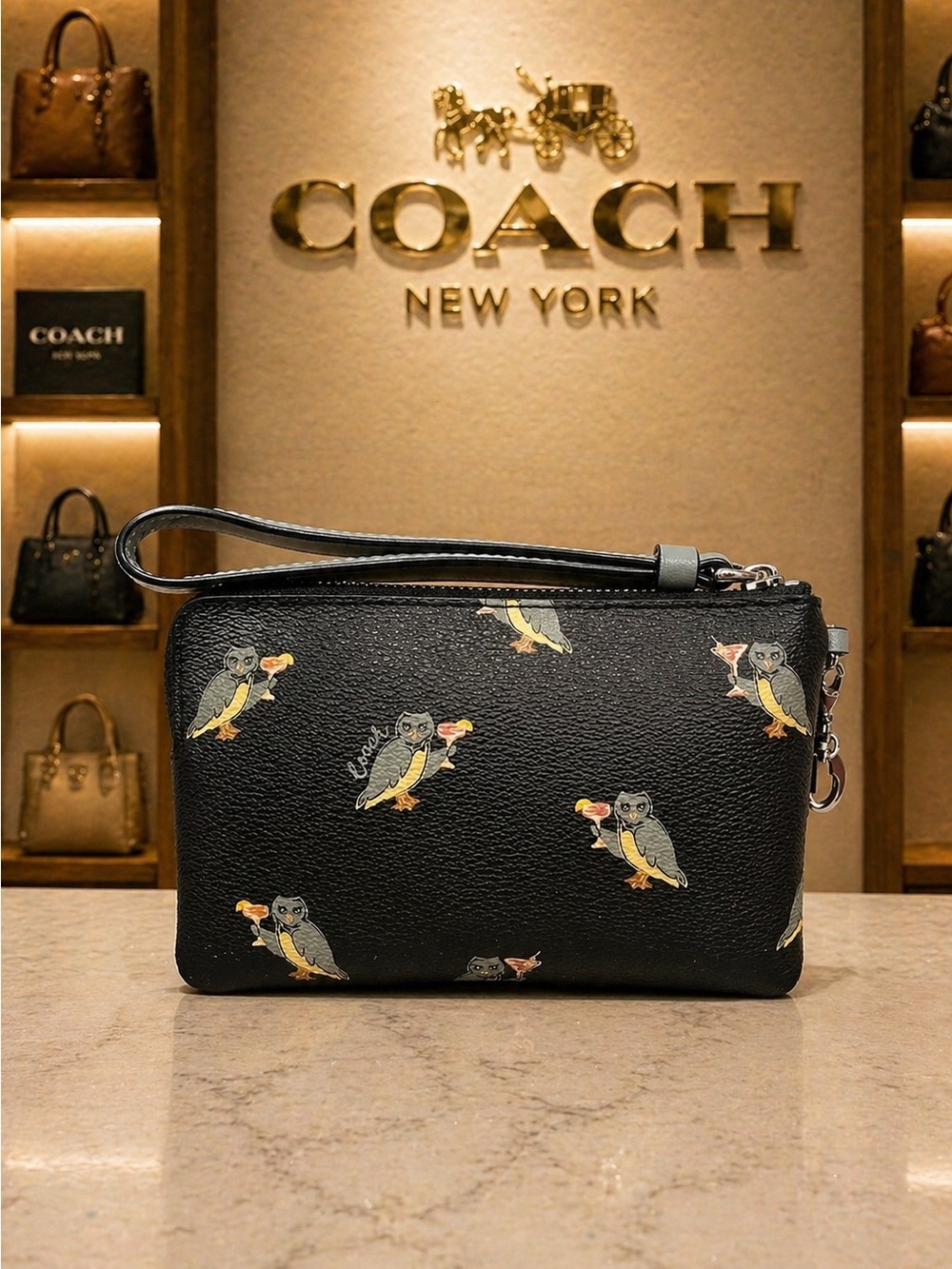 Coach Martini Party Owl Print Corner Zip Wristlet w/ Charm EUC - Picture 2 of 6